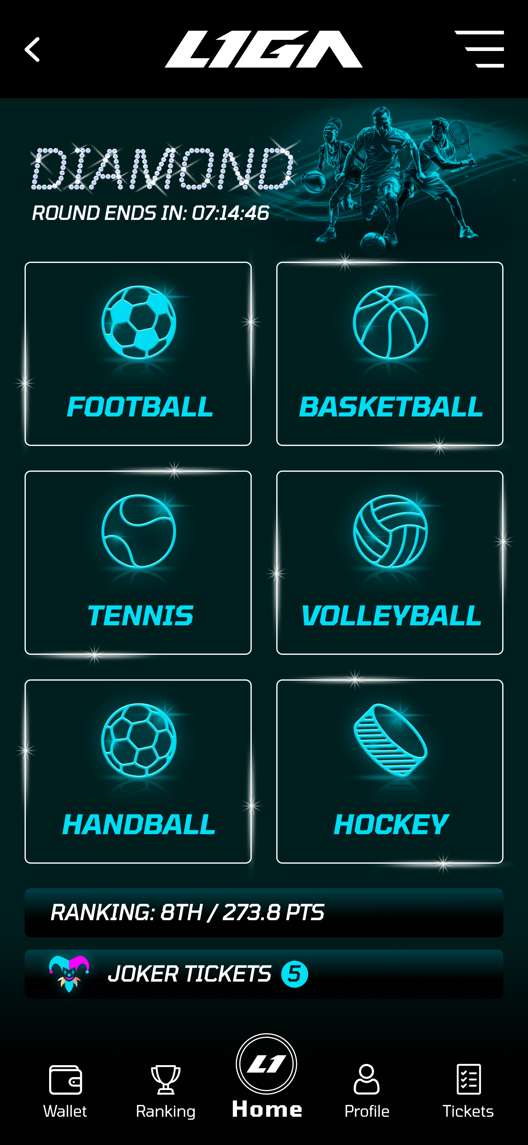 LIGA mobile sports selection screen